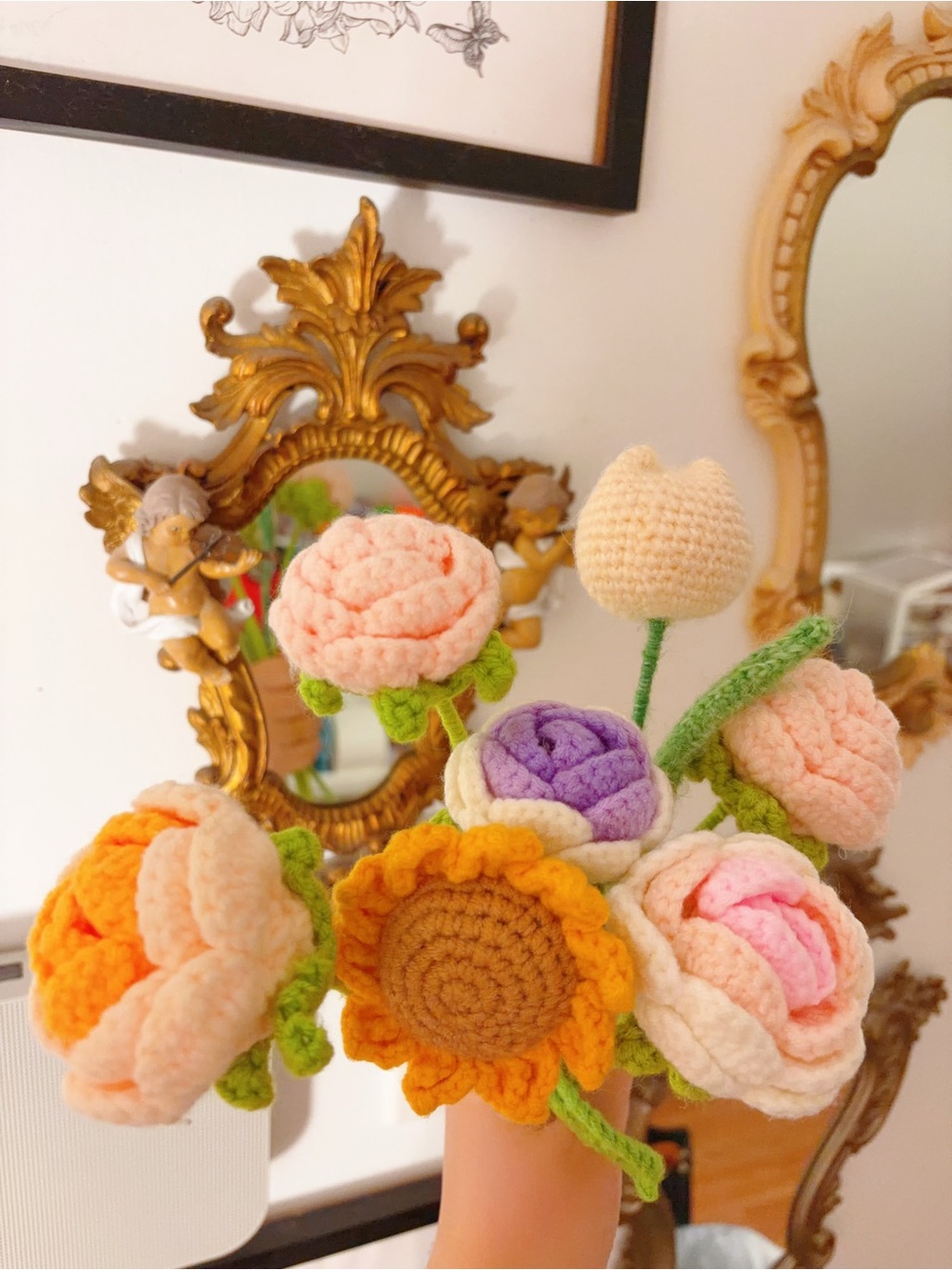 Handmade Crocheted Floral Bouquet - Pastel Pink, Peach, Purple